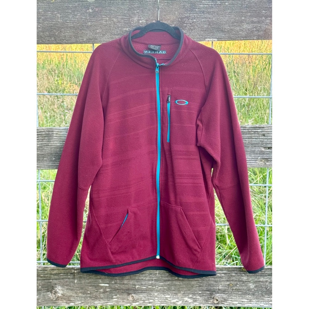 Oakley‎ Full Zip Fleece Jacket XXL Burgundy Maroon Blue Trim Zip Pockets Outdoor